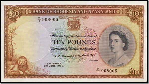 Rhodesia and Nyasaland 10 Pounds 1960 Queen Elizabeth II